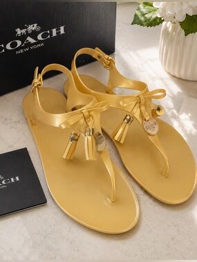 Coach Helma Gold Jelly Thong Sandals Tassel Bow Ankle Strap Womens Size 11